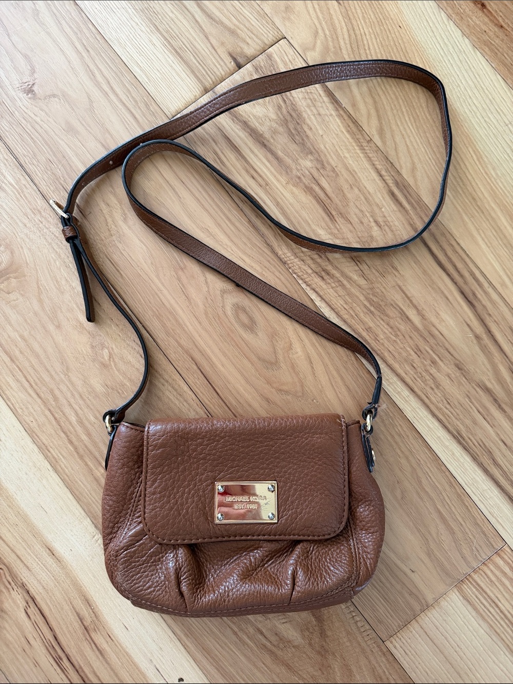 Michael Kors Brown Pebbled Leather Mini Crossbody with Gold Nameplate